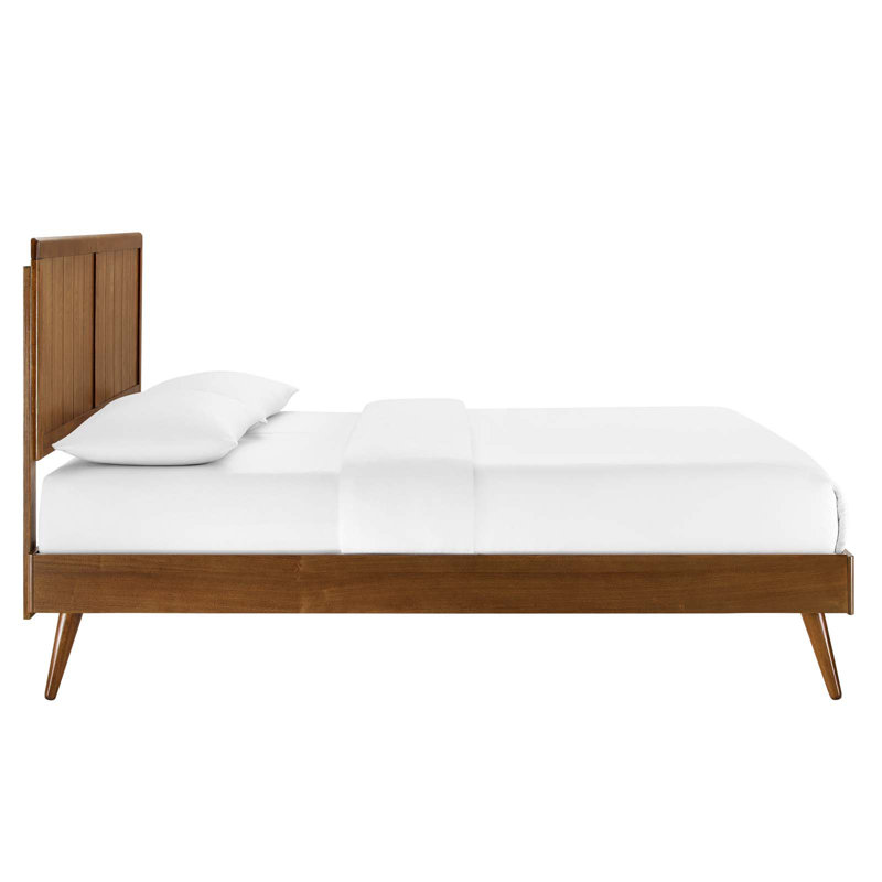 Mid-Century Walnut Queen Platform Bed with Wood Slat Support