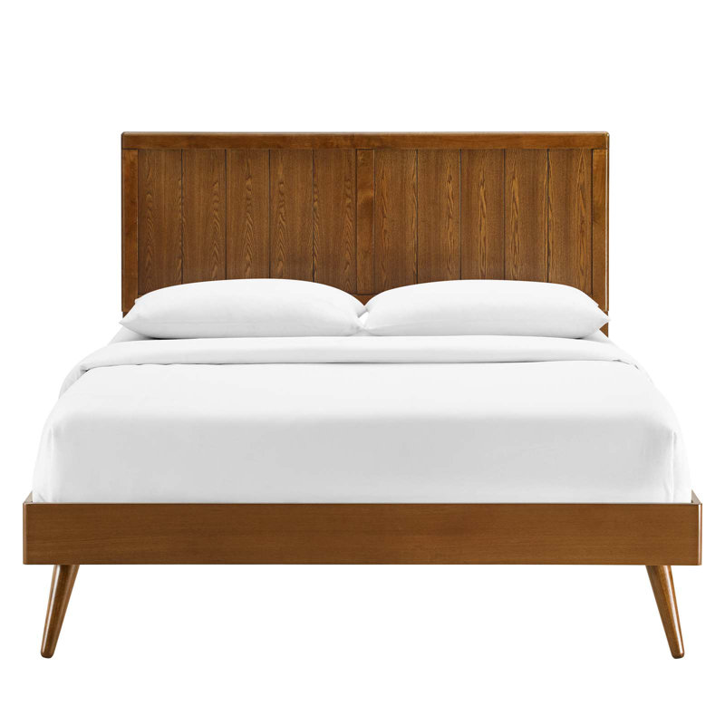 Mid-Century Walnut Queen Platform Bed with Wood Slat Support