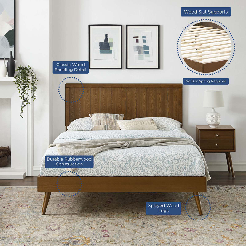 Mid-Century Walnut Queen Platform Bed with Wood Slat Support