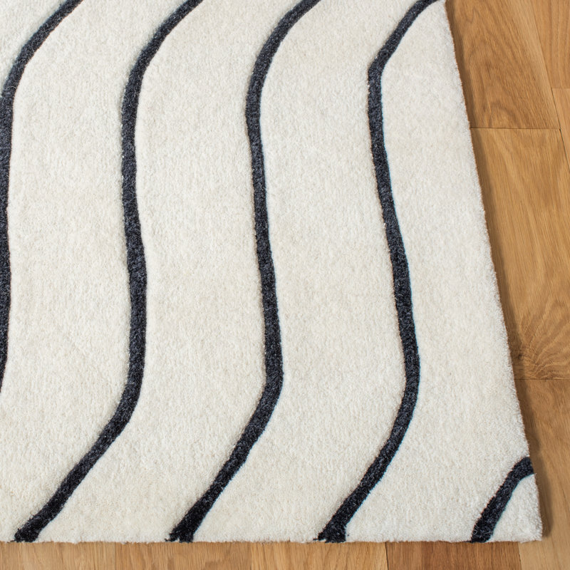 Ivory Geometric Hand Tufted Round Wool & Silk Rug, 47"