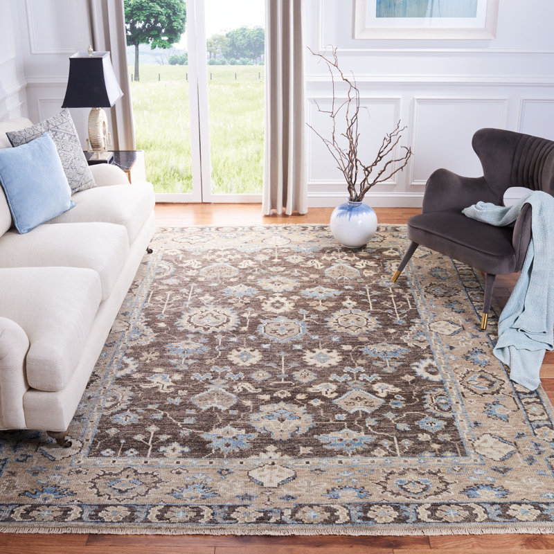 Gray and Beige Hand-Knotted Wool Oriental Area Rug