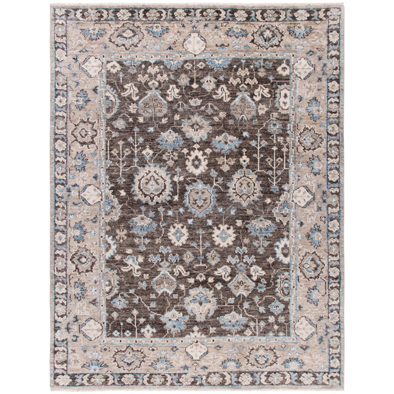 Gray and Beige Hand-Knotted Wool Oriental Area Rug