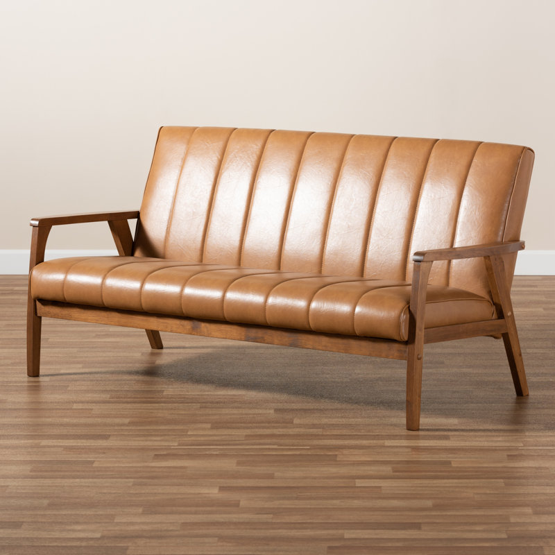 Nikko 64'' Walnut Brown Faux Leather Mid-Century Sofa