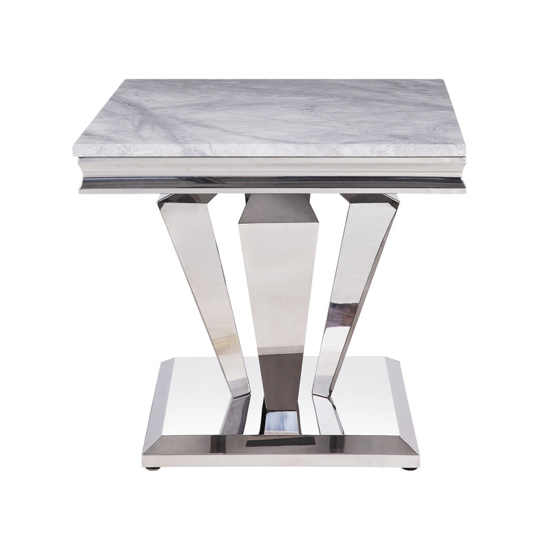 Satinka 24" Light Grey Marble & Stainless Steel End Table