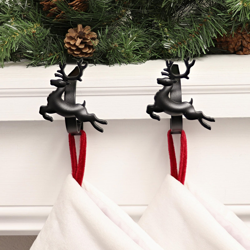 Matte Black Reindeer Metal MantleClip Stocking Holders, 2-Pack
