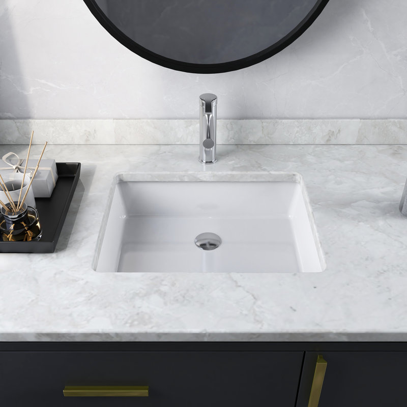 White Ceramic Rectangular Undermount Bathroom Sink with Overflow
