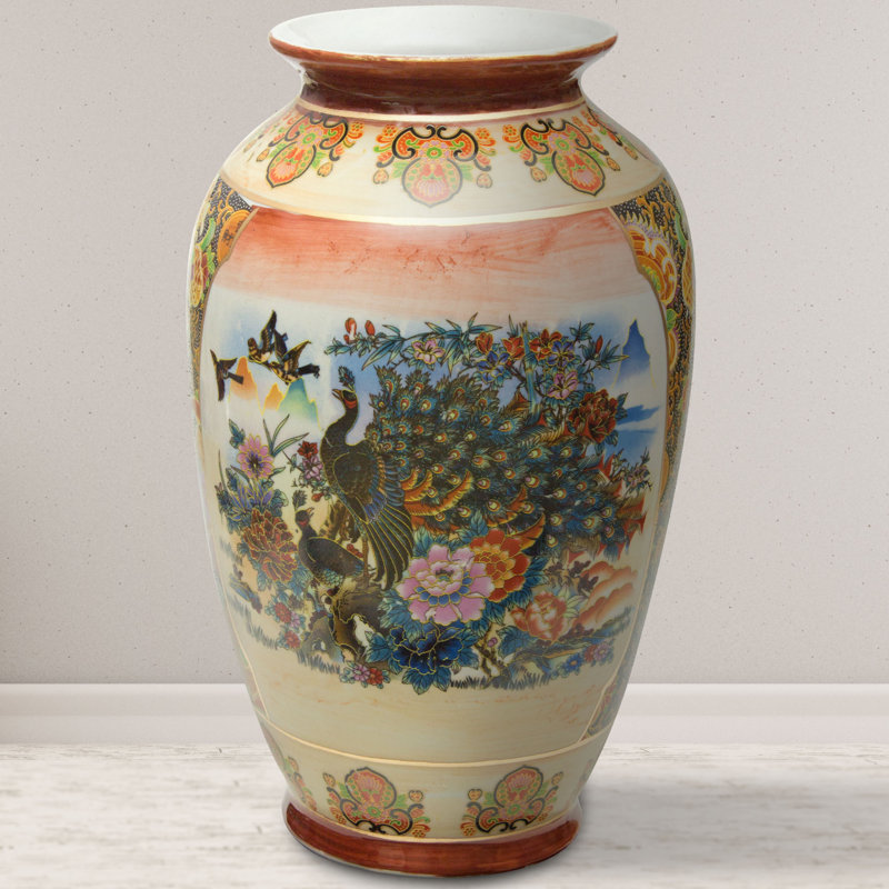 14" Multicolor Satsuma Peacock Porcelain Vase