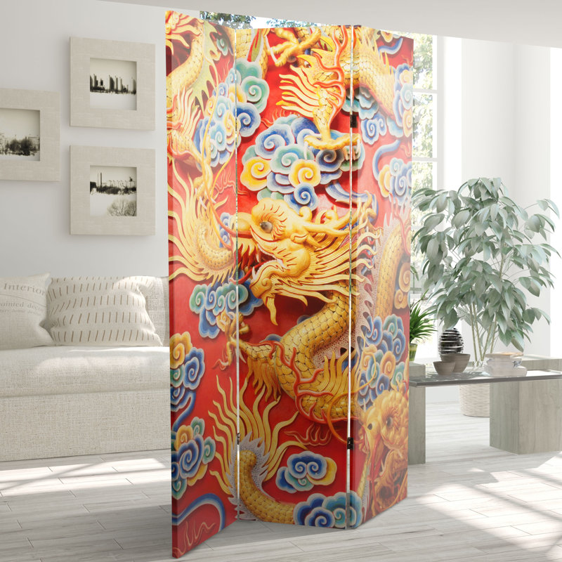 6 ft Red and Gold Chinese Dragon Folding Room Divider