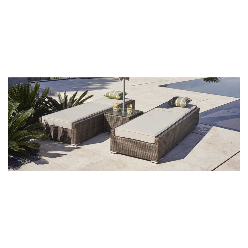 Riviera Elegance Brown Rattan 3-Piece Outdoor Chaise Lounge Set with Beige Cushions