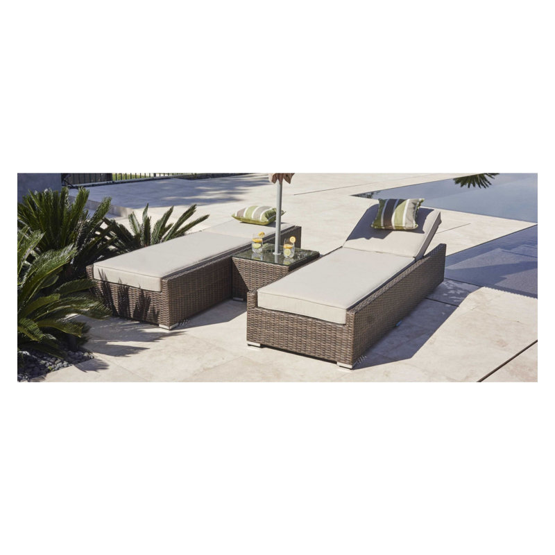 Riviera Elegance Brown Rattan 3-Piece Outdoor Chaise Lounge Set with Beige Cushions