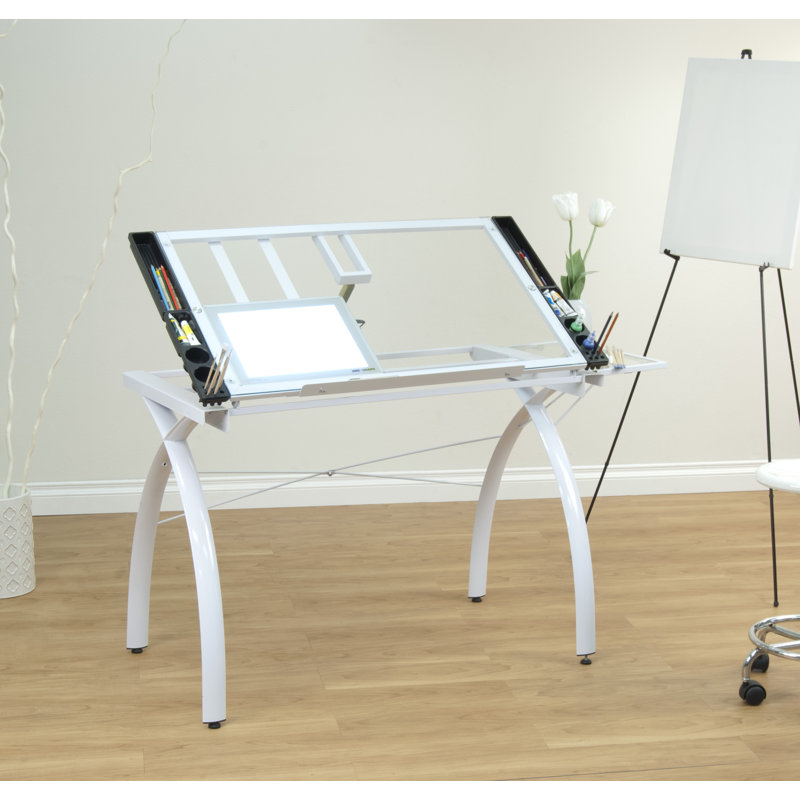 Futura 58'' White Glass Drafting Craft Table with Adjustable Top and Folding Shelf