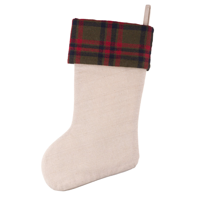 Plaid Cuff Beige Polyester Christmas Stocking Set