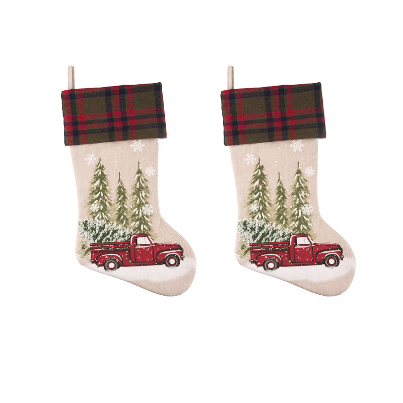 Plaid Cuff Beige Polyester Christmas Stocking Set