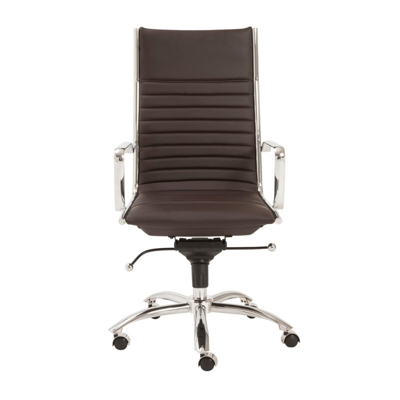High-Back Swivel Office Chair in Brown Leatherette with Chromed Steel Base