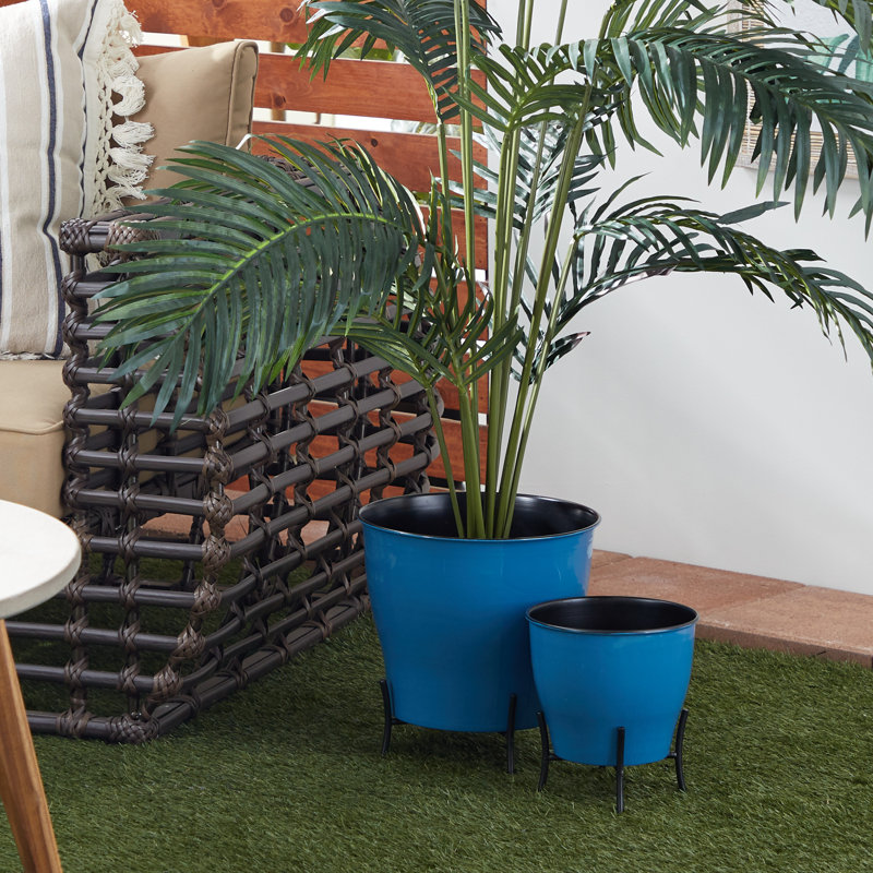 Blue Solid Round Metal Planter Set, 9" and 12"H with Gold X-Stands