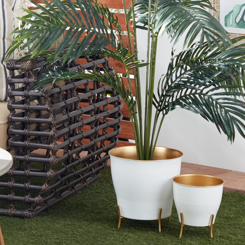 Farmhouse Chic White & Gold Metal Planters with X-Shaped Stand, Set of 2