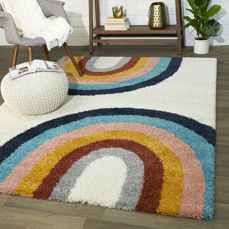 Colorful Rainbow Shag Kids Rug in Red and Cream, 5' x 7'
