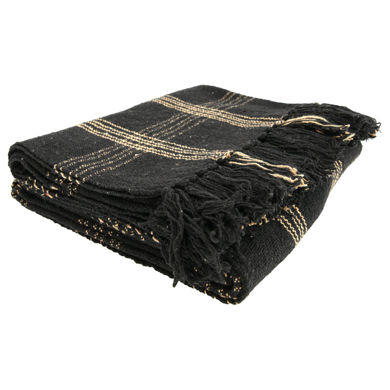 Black and Tan Hand Woven Cotton Fringed Throw Blanket