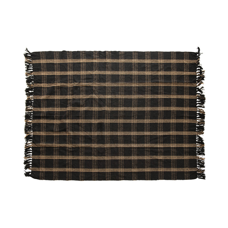 Black and Tan Hand Woven Cotton Fringed Throw Blanket