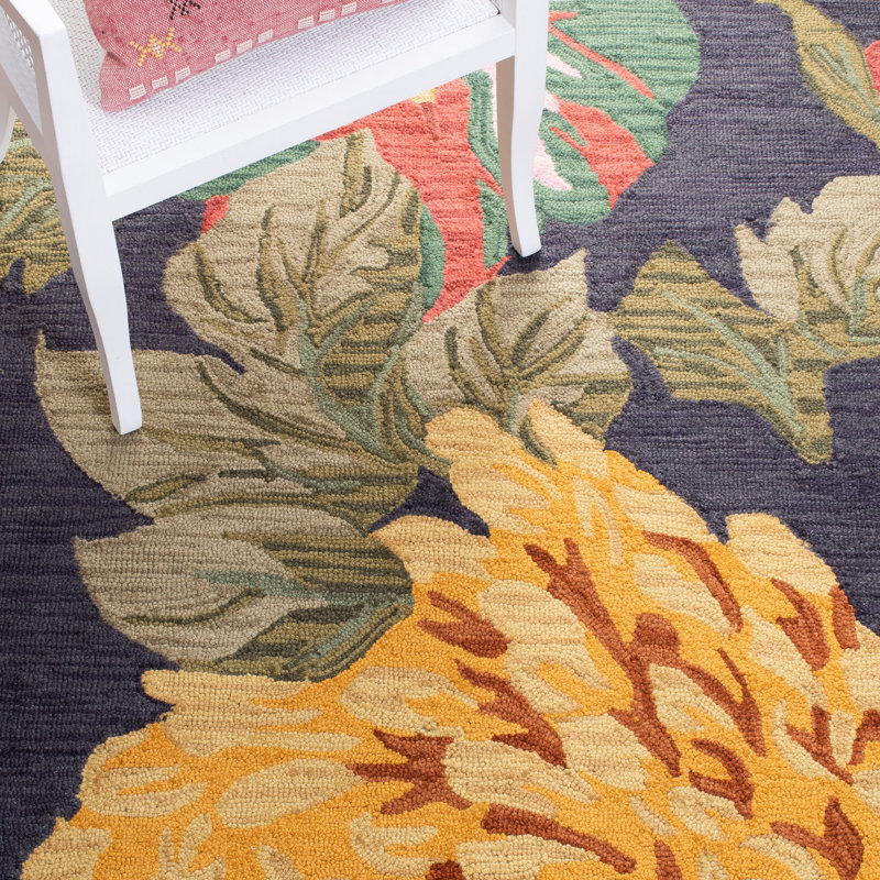 Handmade Black and Yellow Floral Wool Rug