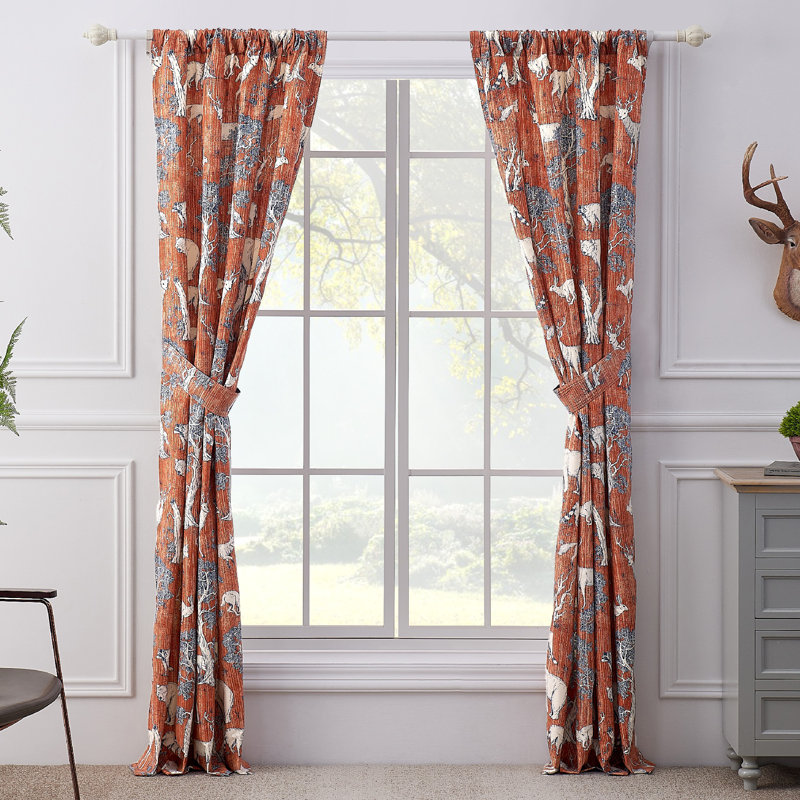 Saffron Red Polyester Wildlife Print Rod Pocket Curtain Panels