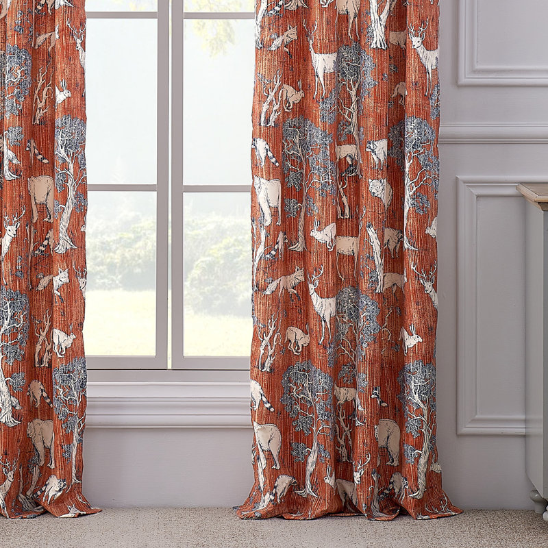 Saffron Red Polyester Wildlife Print Rod Pocket Curtain Panels