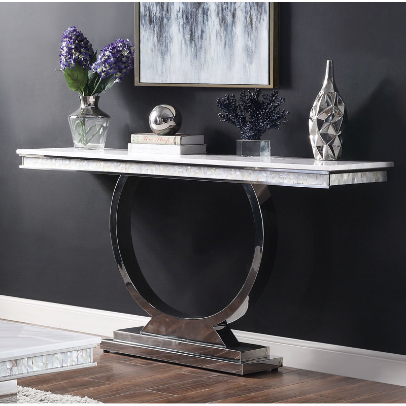Round White Faux Marble and Silver Metal End Table