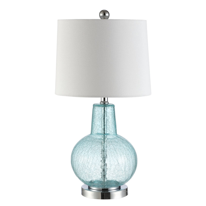Elegant Atlas 16" Blue Crackle Glass Table Lamp with Light Grey Shade
