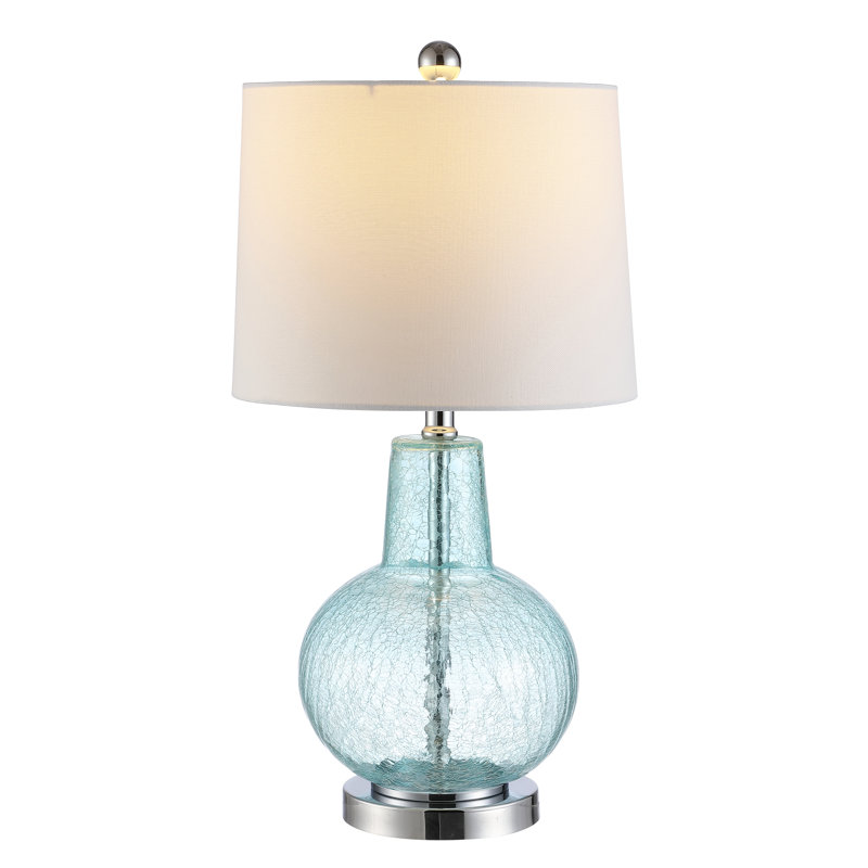 Elegant Atlas 16" Blue Crackle Glass Table Lamp with Light Grey Shade