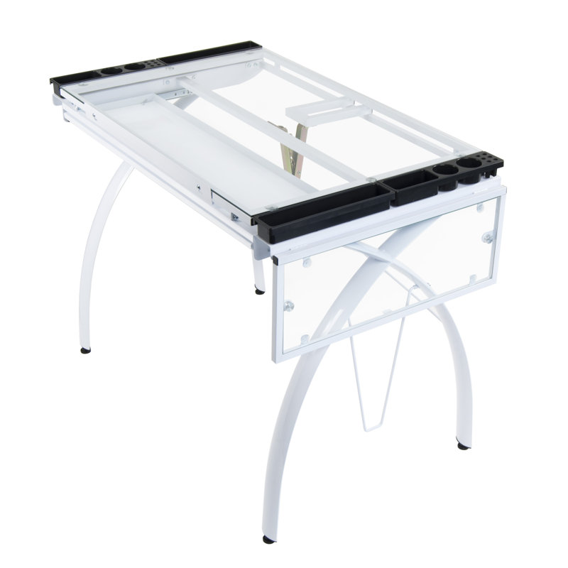 Futura 58'' White Glass Drafting Craft Table with Adjustable Top and Folding Shelf
