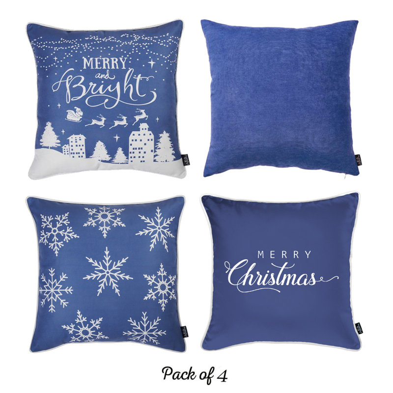 Blue and White Christmas Polyester Pillow Covers Set of 4