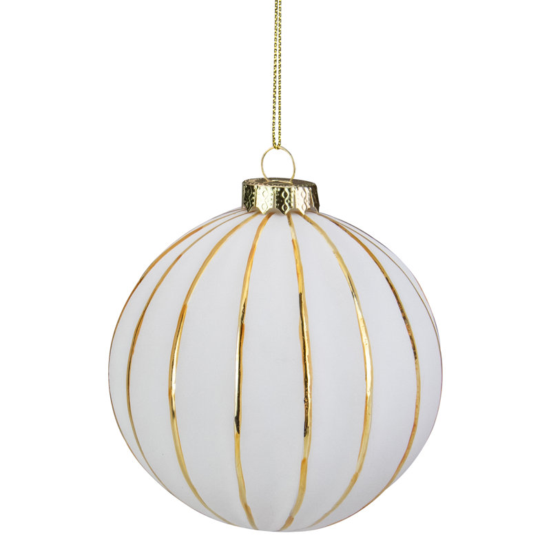 4" White and Gold Striped Glass Christmas Ornament