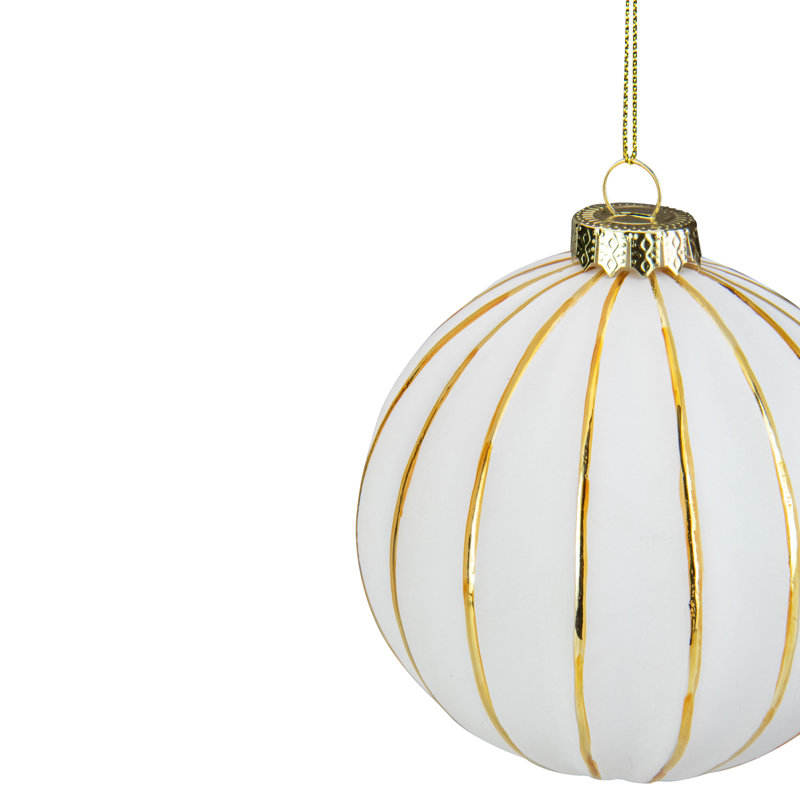 4" White and Gold Striped Glass Christmas Ornament