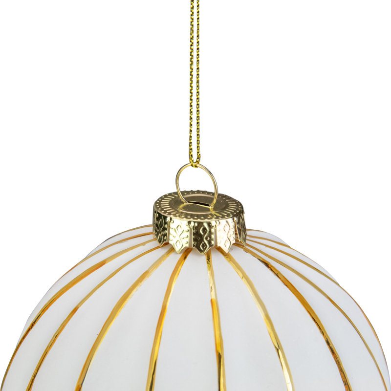 4" White and Gold Striped Glass Christmas Ornament