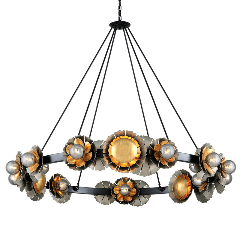 Black Graphite Bronze Leaf 24-Light Glass Chandelier