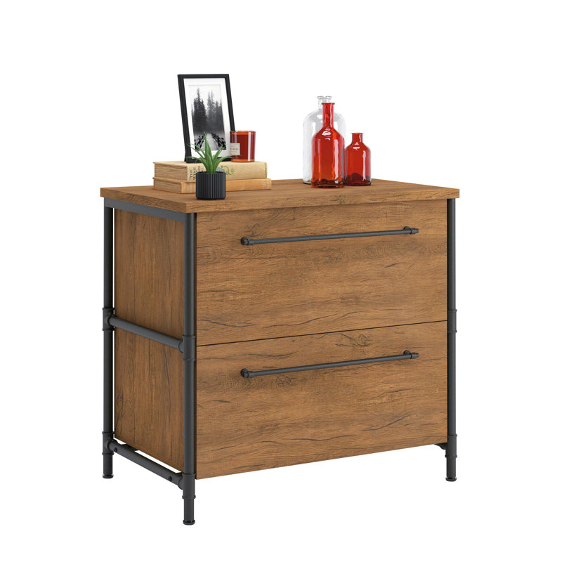 Checked Oak Industrial 2-Drawer Lateral File Cabinet