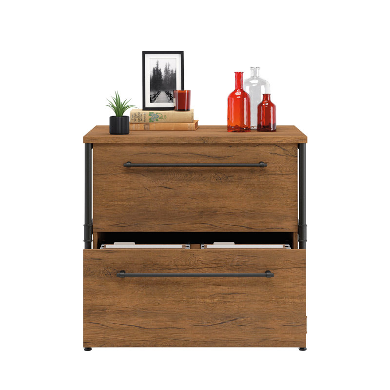 Checked Oak Industrial 2-Drawer Lateral File Cabinet