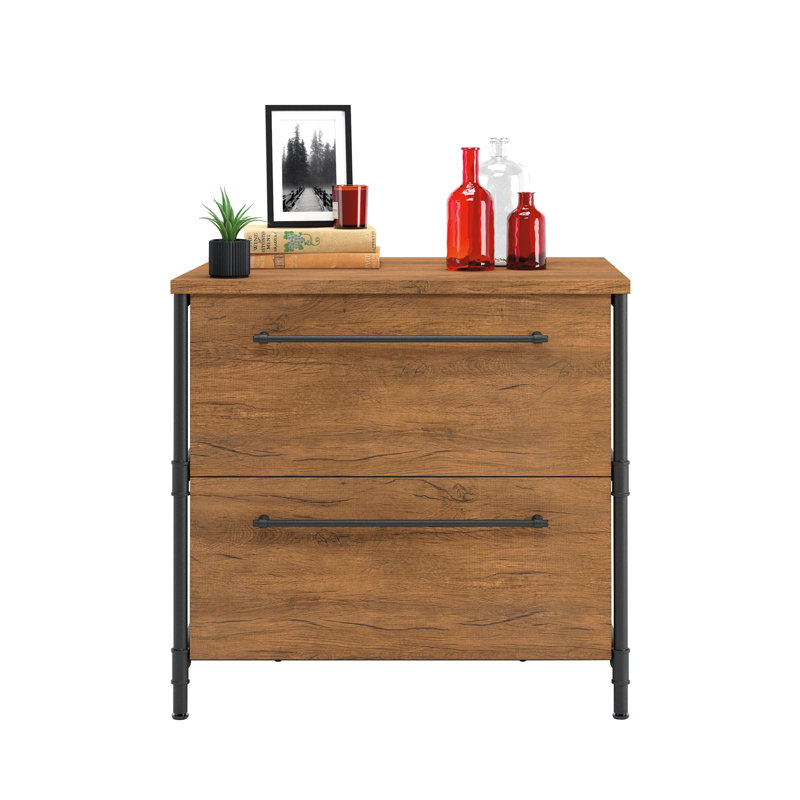 Checked Oak Industrial 2-Drawer Lateral File Cabinet