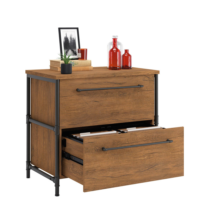 Checked Oak Industrial 2-Drawer Lateral File Cabinet