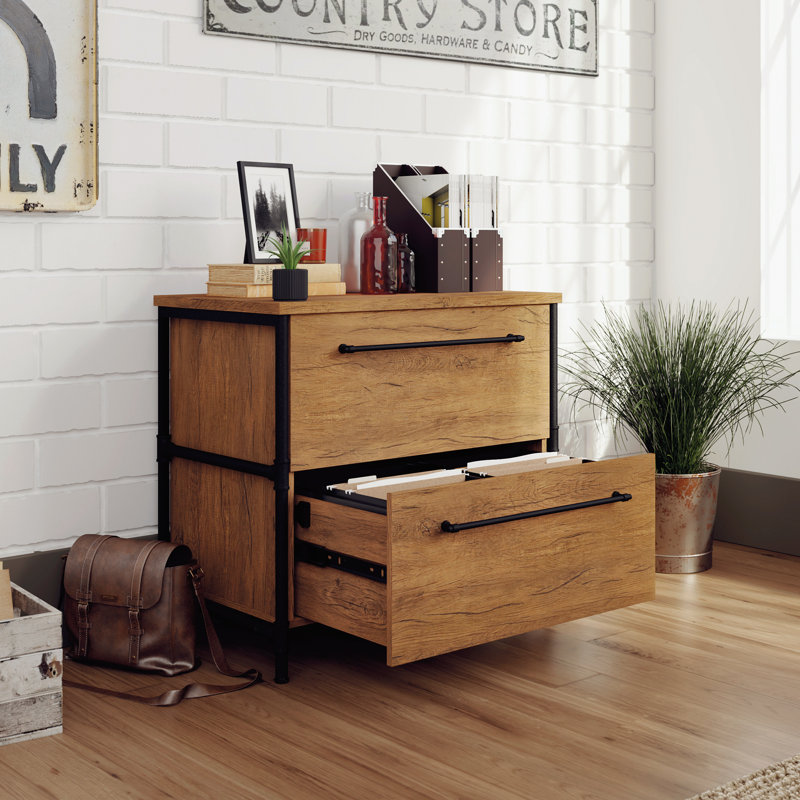 Checked Oak Industrial 2-Drawer Lateral File Cabinet
