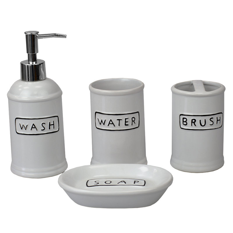 White Ceramic 4-Piece Bathroom Accessory Set with Black Lettering