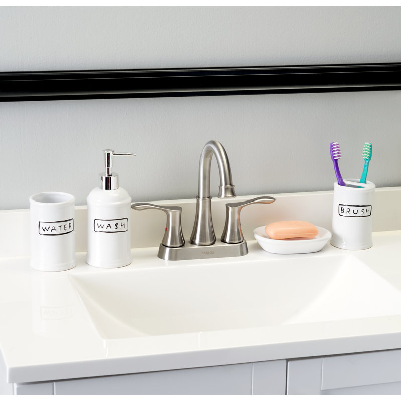 White Ceramic 4-Piece Bathroom Accessory Set with Black Lettering