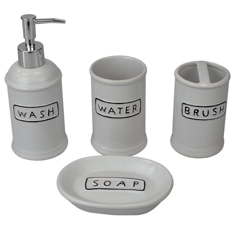 White Ceramic 4-Piece Bathroom Accessory Set with Black Lettering