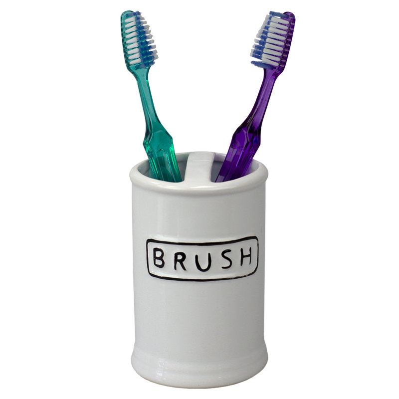 White Ceramic 4-Piece Bathroom Accessory Set with Black Lettering