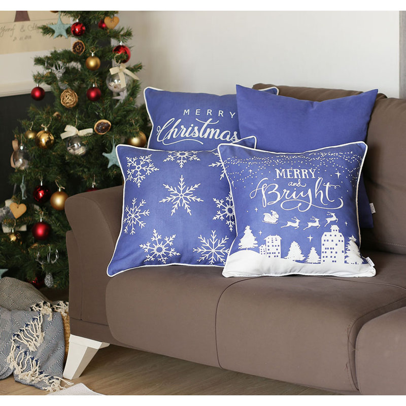 Blue and White Christmas Polyester Pillow Covers Set of 4