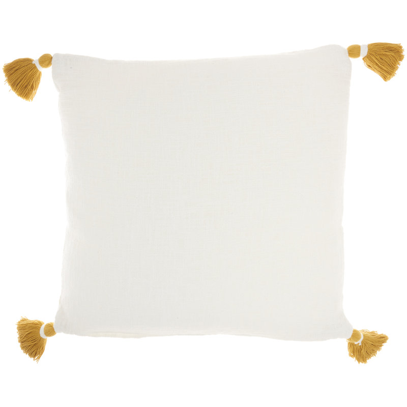 Mustard and White Embroidered Cotton Square Throw Pillow Set