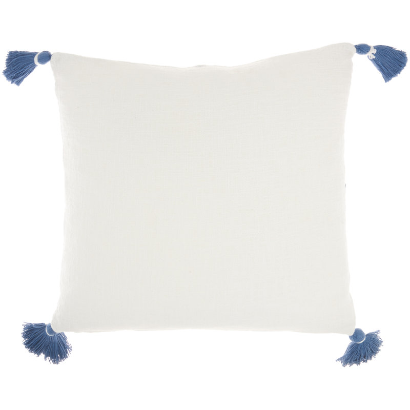 20" Square Blue and White Embroidered Cotton Throw Pillow with Tassels