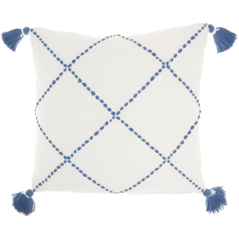20" Square Blue and White Embroidered Cotton Throw Pillow with Tassels