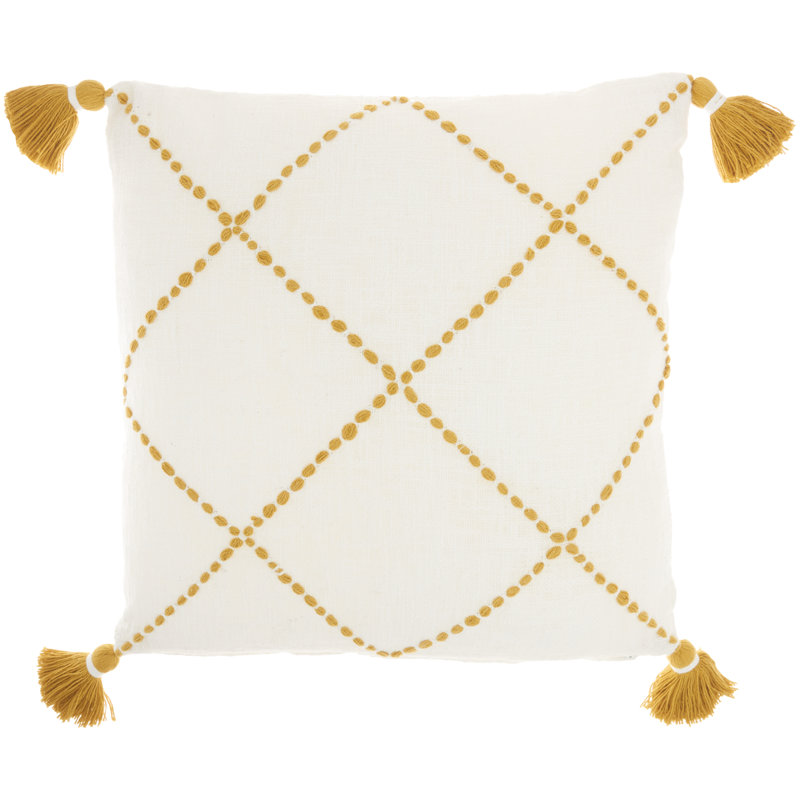 Mustard and White Embroidered Cotton Square Throw Pillow Set