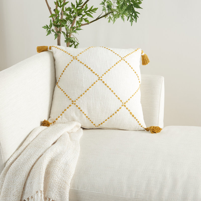Mustard and White Embroidered Cotton Square Throw Pillow Set